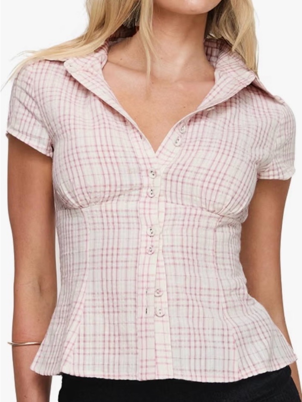 Princess Polly Short Sleeve Pink Plaid Button-Front Top NWT Size 8